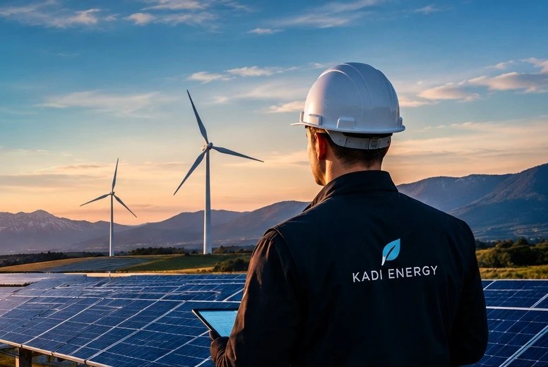 Energy engineer overlooking a solar and wind installation