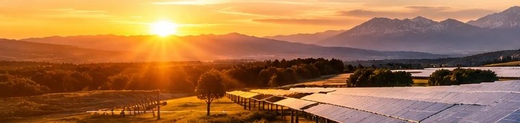 Utility-scale solar photovoltaic field at sunset